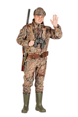 Obraz premium male hunter with double barreled shotgun Isolated on white background. hunting and people concept.