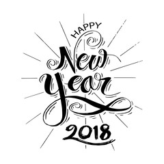 Happy New 2018 Year. Hand lettering with burst.