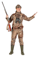 male hunter with double barreled shotgun Isolated on white background. hunting and people concept.