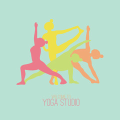 Logo for yoga studio. Four girls practicing yoga poses.