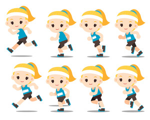 Vector set of running girl separated frames isolated on white background.