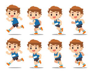 Vector set of separated frames of running man, animation, motion isolated on white background.