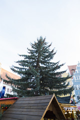 Fototapeta na wymiar Day christmas fair market with naked tree near wooden roofs of stalls