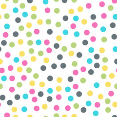 Colorful polka dots seamless pattern on white 10 background. Unique classic colorful polka dots textile pattern. Seamless scattered confetti fall chaotic decor. Abstract vector illustration.
