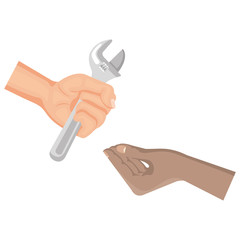 hands with wrench tool isolated icon