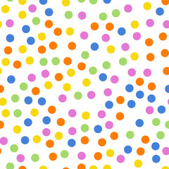 Colorful polka dots seamless pattern on white 2 background. Comely classic colorful polka dots textile pattern. Seamless scattered confetti fall chaotic decor. Abstract vector illustration.