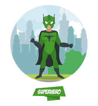 Superhero man cartoon on city icon vector illustration graphic design