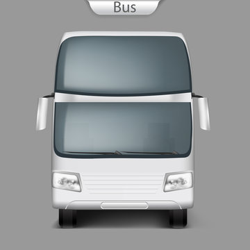 Realistic vector white coach bus mockup front view. High-detailed passenger transport, travel vehicle. Blank city bus template for branding, advertising design. Illustration, easy to edit.