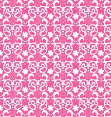 Patterned geometric patterns in pink and white.