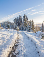 The trail in the winter park of Ruskeala in Karelia in winter