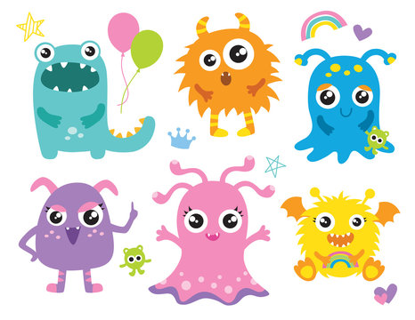 Cute little monsters vector illustration. Furry cute alien character set.