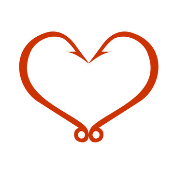 recommend clip art: Red heart icon isolated on white. Fish hooks in heart shape. The concept of love of fishing. Vector Illustration.