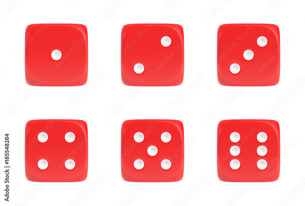 Poster 3d rendering of a set of six red dice in front view with white dots showing different numbers.