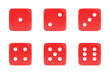 3d rendering of a set of six red dice in front view with white dots showing different numbers.