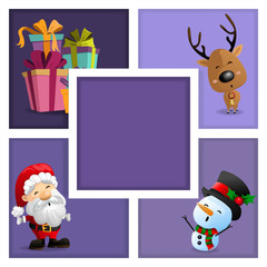Christmas cards with Santa, snowman, gift box and reindeer in frame on purple background. Vector illustration