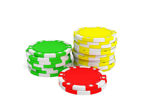 3d rendering of three stacks of gambling chips in green, yellow and red colors on a white background.