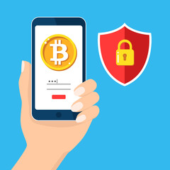 Bitcoin mobile security, safety, saving, protection concept. Hand holding smartphone. Bit coin cryptocurrency, blockchain. Lock phone padlock. Infographic for web. Flat design vector illustration