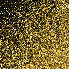 Gold glitter. Abstract random scatter with gold glitter on black background. Surprising Vector illustration.