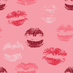 Lipstick kisses seamless pattern. Red lips prints. Romantic background. Vector illustration.
