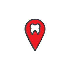 Tooth with map pin filled outline icon, line vector sign, linear colorful pictogram isolated on white. Dental pin point location  symbol, logo illustration. Pixel perfect vector graphics