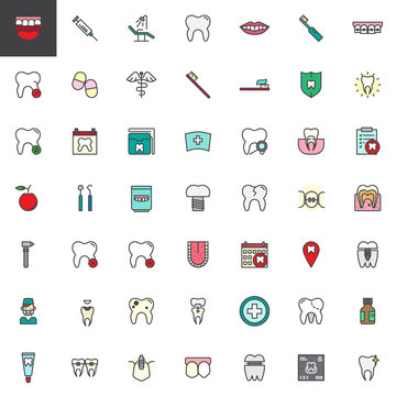 Dentist dental filled outline icons set, line vector symbol collection, linear colorful pictogram pack. Signs, logo illustration, Set includes icons as tooth, implants, braces, caries, denture