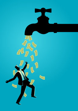 Businessman standing under water tap flows with banknotes
