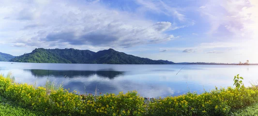 Photo sur Plexiglas Barrage Panoramic image of beautiful Khun Dan Prakarn Chon Dam with reflection , the largest and longest roller compacted concrete (RCC) dam in the world , Nakhon Nayok , Thailand