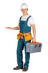 Full length portrait of a male builder in with helmet  over white wall background. repair, construction, building, people and maintenance concept.