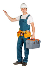 Full length portrait of a male builder in with helmet  over white wall background. repair, construction, building, people and maintenance concept.