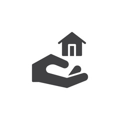 Fototapeta na wymiar Hand holding home icon vector, filled flat sign, solid pictogram isolated on white. Property insurance symbol, logo illustration.