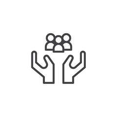 Hands holding family line icon, outline vector sign, linear style pictogram isolated on white. Safe peoples symbol, logo illustration. Editable stroke