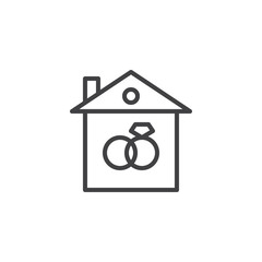 Marriage house line icon, outline vector sign, linear style pictogram isolated on white. House with two bonded wedding rings symbol, logo illustration. Editable stroke