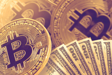 Fototapeta na wymiar Golden bitcoin coin on us dollars close up