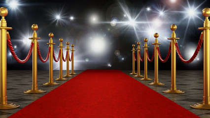 Red carpet and velvet ropes on gala night background. 3D illustration - obrazy, fototapety, plakaty