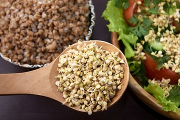 Prospects buckwheat. Cooked porridge. Fresh vegetable salad