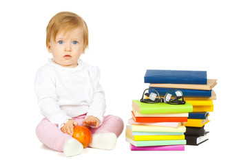 Caucasian baby girl with stack of books isolated on white background