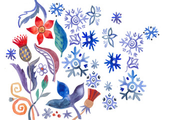 акварельный рисунок, набор из растений и цветов, зимние снежинки
