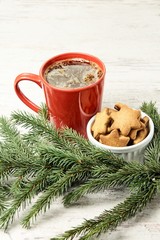 Obraz na płótnie Canvas Big cup of coffee. Gingerbread Cookie. NewYear. Spruce branch