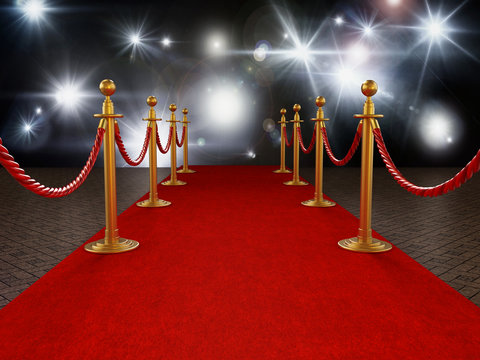 Red carpet and velvet ropes on gala night background. 3D illustration
