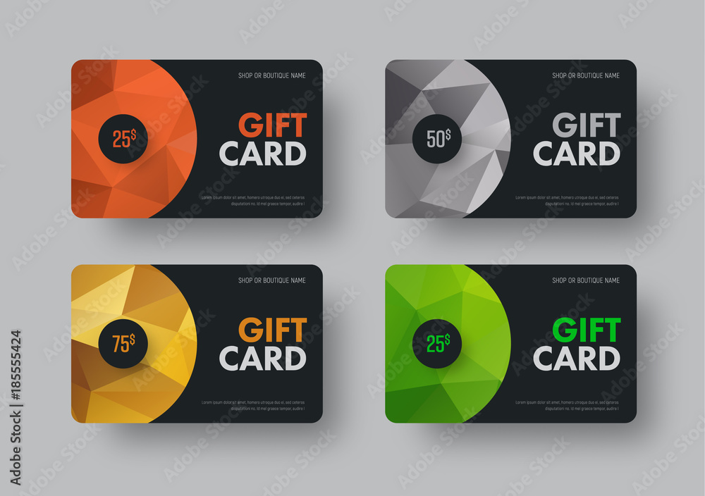 Poster vector gift card design in black with colored abstract polygonal background.
