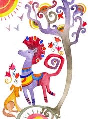 watercolor illustration of a stylized horse from the tree, the dog in the woods on the edge of the