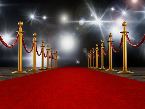 Red carpet and velvet ropes on gala night background. 3D illustration