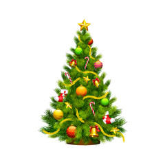 Christmas tree green, with toys, cartoon on white background,