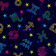 Abstract seamless pattern for girls, boys, clothes. Creative background with zodiac signs. Funny wallpaper for textile and fabric. Fashion style. Colorful bright
