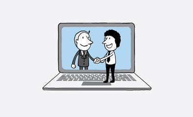 handshake of two business people on laptop background. on line communication concept. isolated vector illustration outline hand drawn doodle line art cartoon design character.