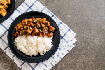 stir fried tofu with spicy sauce on rice