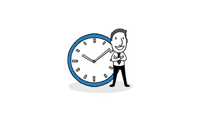 businessman standing with big clock. time management concept. isolated vector illustration outline hand drawn doodle line art cartoon design character.