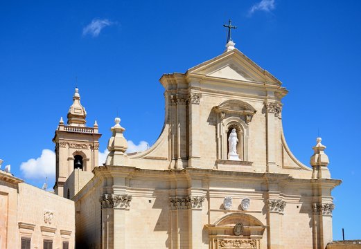 Front view of the Cathedral within the citadel in Cathedral Square, Victoria, Gozo, Malta.