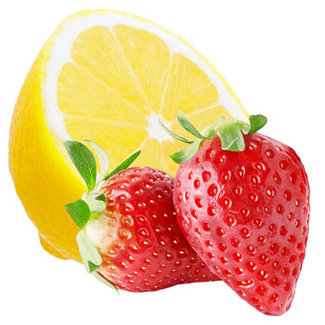 Half of lemon and two strawberries isolated on white background