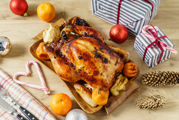 roasted chicken on Christmas table